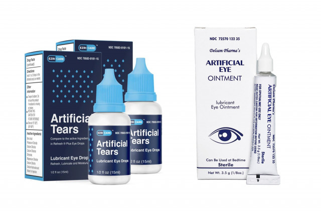<em>미국 식품의약국(FDA)가 사용 및 판매 중단을 통보한 글로벌 파마 헬스케어사의 에즈리케어(EzriCare) 인공눈물(왼쪽), 델삼 파마(Delsam Pharma) 연고. 아마존 갈무리</em>