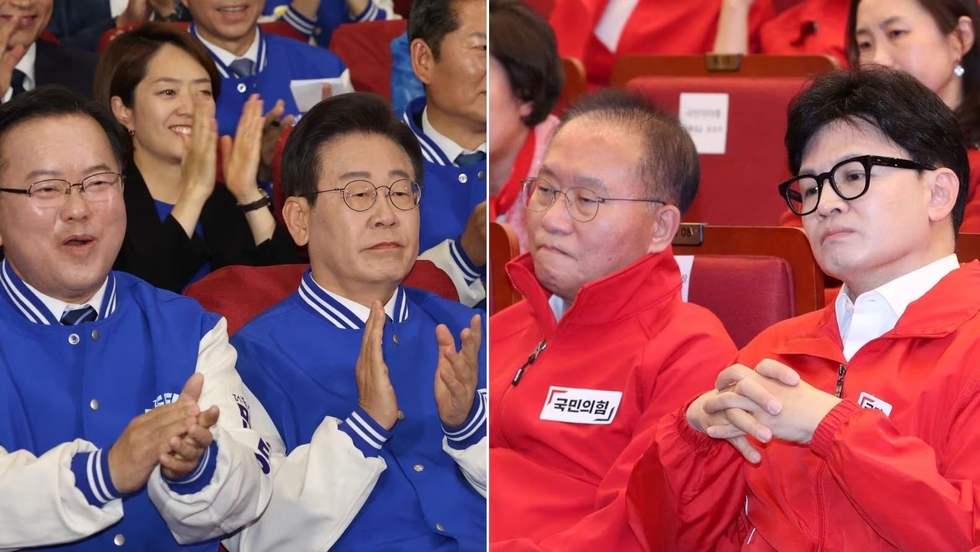 10일 오후 6시 4·10 총선 방송 3사 출구조사 결과가 나오자, 더불어민주당과 국민의힘 양당 지도부 표정이 극명하게 엇갈렸다. 민주당 이재명 대표와 김부겸 상임공동선거대책위원장은 박수를 치고, 국민의힘 한동훈 비상대책위원장과 윤재옥 원내대표는 침울한 표정을 감추지 못했다.